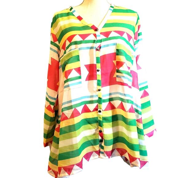 Kaktus Sheer Southwest Tunic Top Size L Bright Colors Contemporary New Retro - Picture 1 of 12